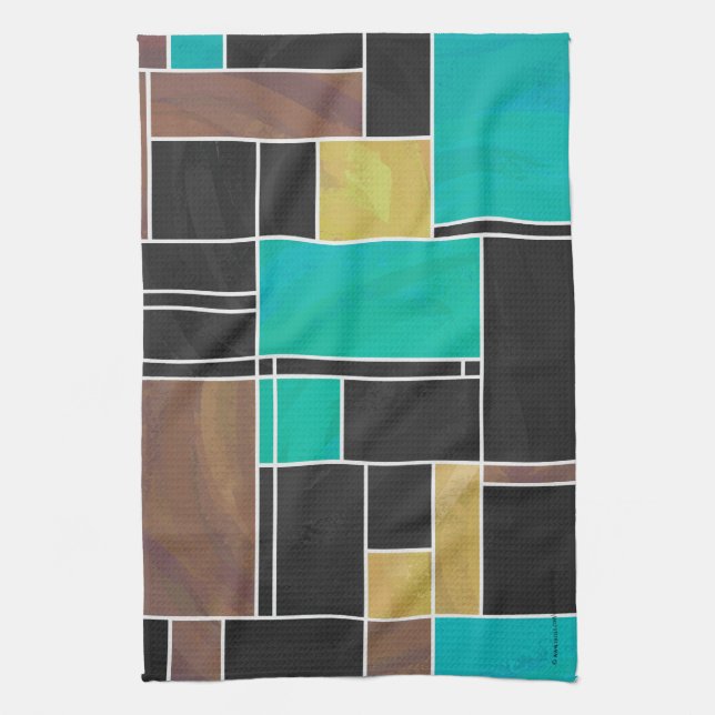 Mondrian Teal Brown Black Print Kitchen Towel (Vertical)