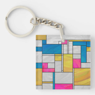 Mondrian Yellow Pink Blue Print Keychain