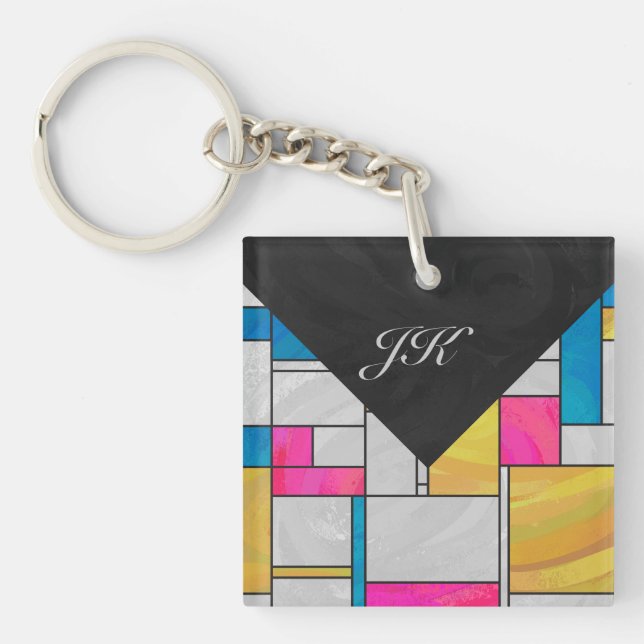 Mondrian Yellow Pink Blue Print Keychain (Front)