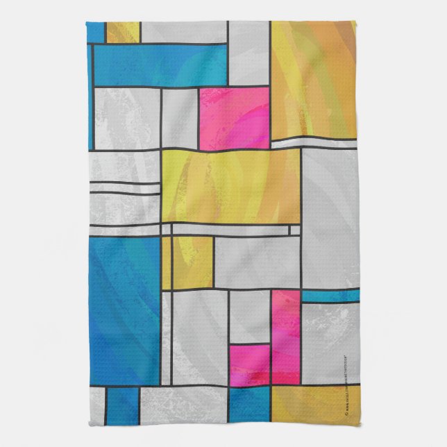 Mondrian Yellow Pink Blue Print Kitchen Towel (Vertical)