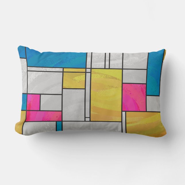 Mondrian Yellow Pink Blue Print Lumbar Pillow (Front)
