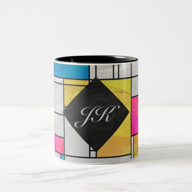 Mondrian Yellow Pink Blue Print Two-Tone Coffee Mug (Center)