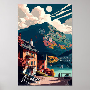 Mondsee Austria vintage travel art illustration Poster