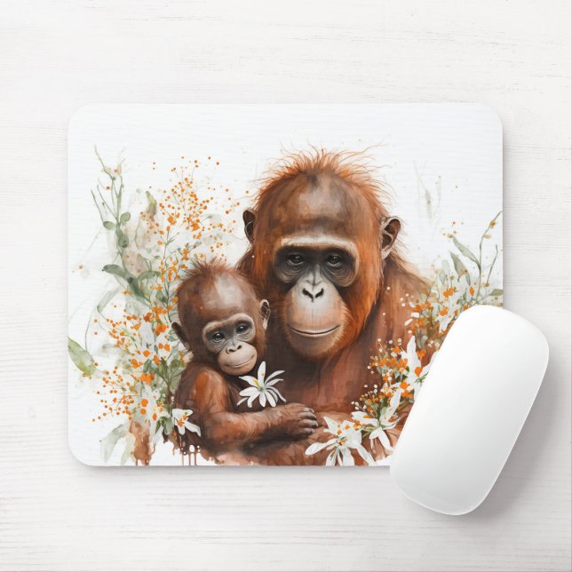 Moneky and Baby Watercolor Mouse Pad (With Mouse)