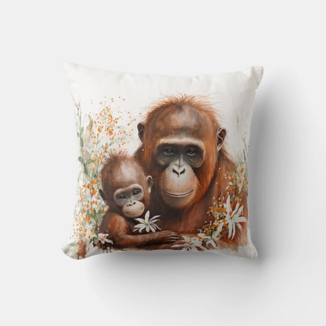 Moneky and Baby Watercolor Throw Pillow (Front)