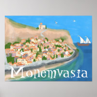 MONEMVASIA GREECE Island Art Travel Illustration