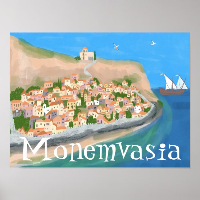 MONEMVASIA GREECE Island Art Travel Illustration Poster (Front)