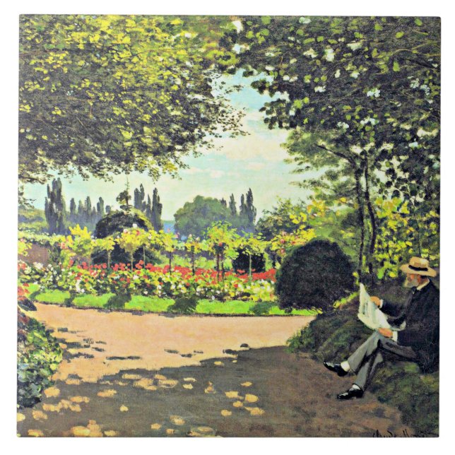 Monet - Adolphe Monet Reading in the Garden Tile (Front)