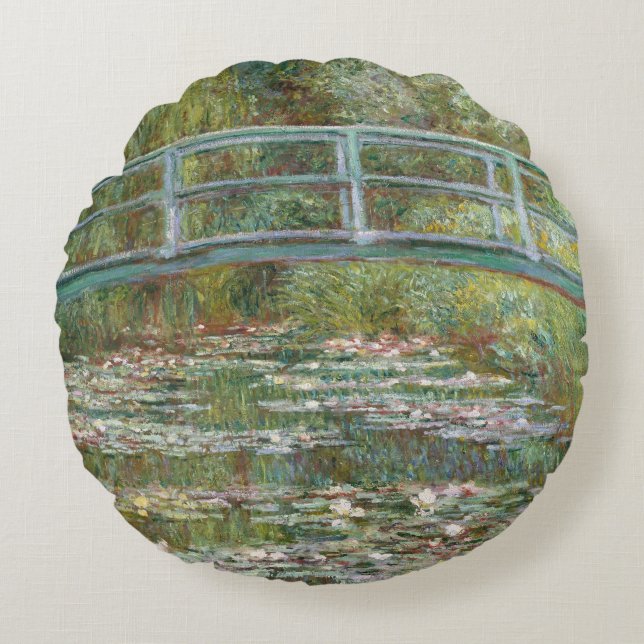 Monet Art Bridge over a Pond of Water Lilies Round Pillow (Front)