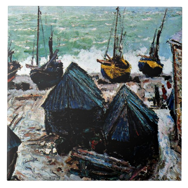 Monet - Boats on the Beach at Etretat Tile (Front)