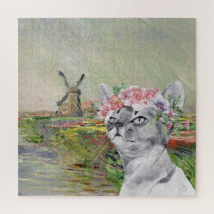 Monet Champ Tulipes and Fancy Cat Jigsaw Puzzle