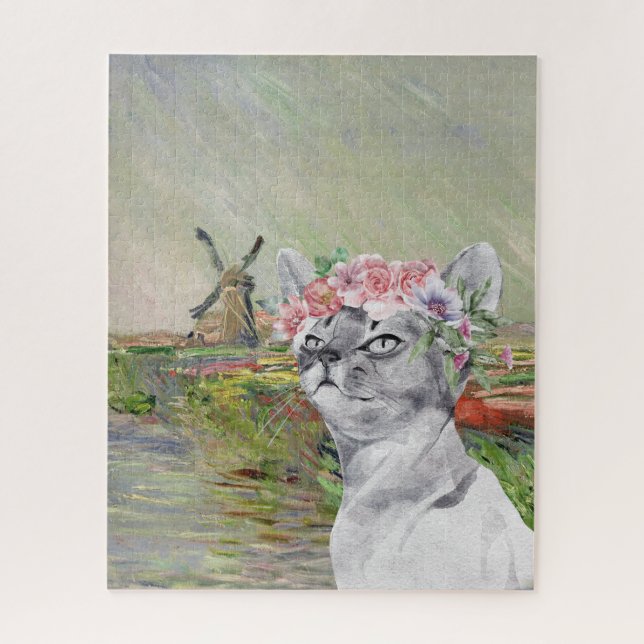 Monet Champ Tulipes and Fancy Cat  Jigsaw Puzzle (Vertical)