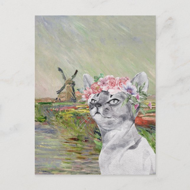Monet Champ Tulipes and Fancy Cat Postcard (Front)