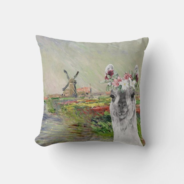 Monet Champ Tulipes and Fancy Llama Throw Pillow (Front)