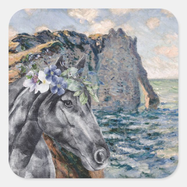 Monet Cliff of Aval & Black Horse Compilation Square Sticker (Front)