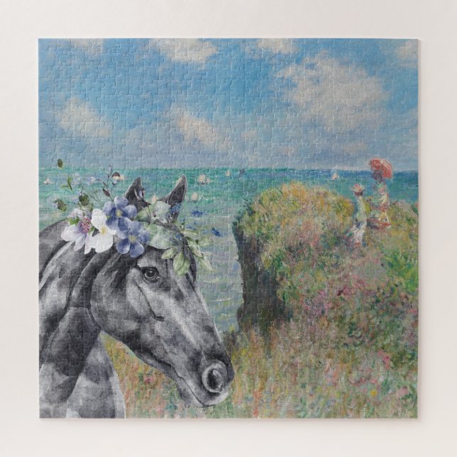 Monet Cliff Walk & Black Horse Compilation Jigsaw Puzzle (Vertical)