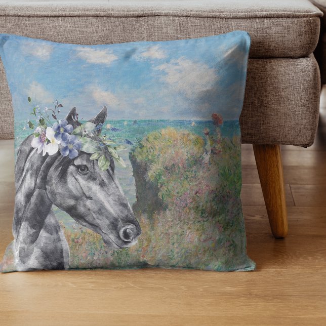 Monet Cliff Walk & Black Horse Compilation Throw Pillow (Creator Uploaded)