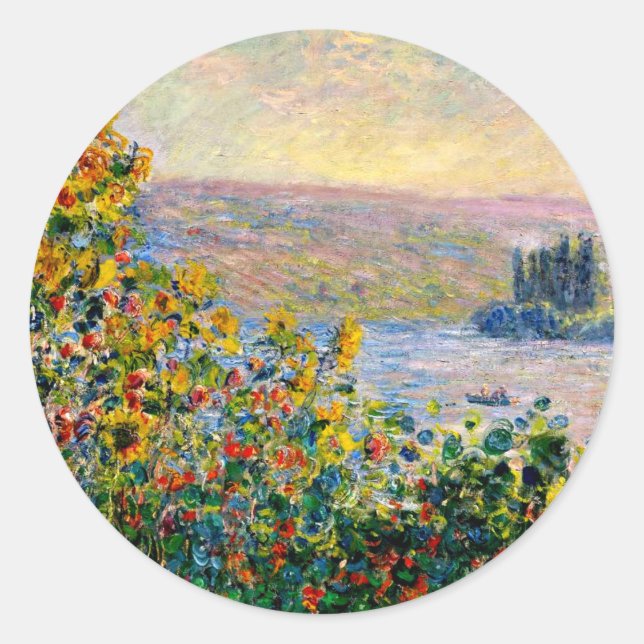 Monet - Flowerbeds at Vetheuil Classic Round Sticker (Front)