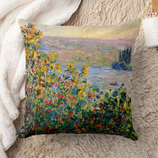 Monet - Flowerbeds at Vetheuil Throw Pillow (Blanket)
