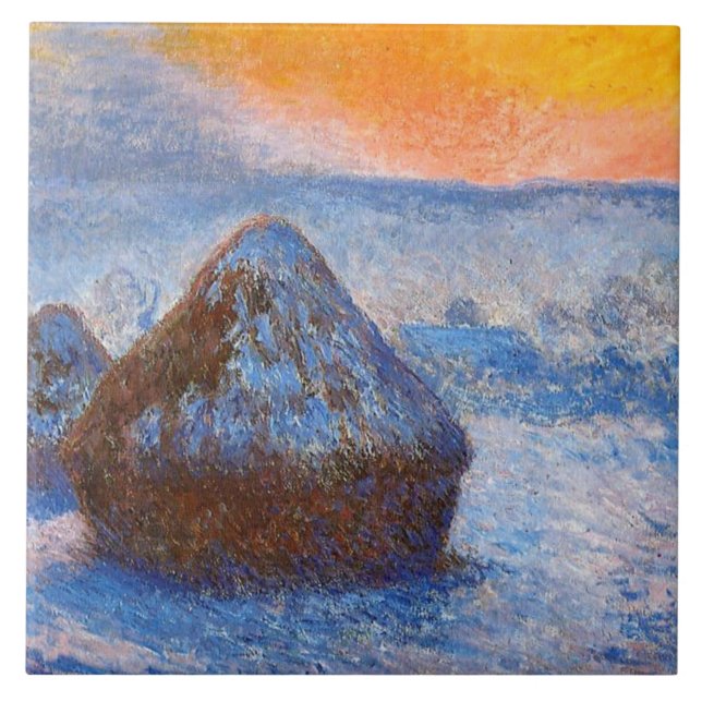 Monet - Grainstacks at Sunset, Snow Effect, Tile (Front)