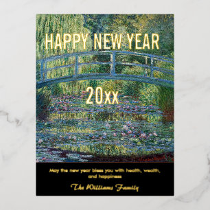 Monet - Happy New Year and Water Lily pond Foil Holiday Postcard