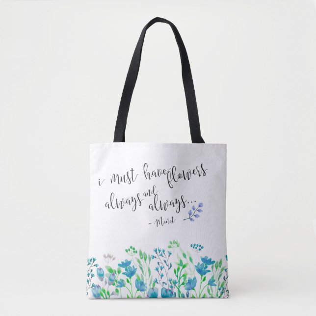Monet I Must Have Flowers Always Blue Garden Tote Bag (Front)