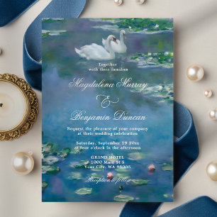 Monet Inspired Water Lilies Art Swans Pond Wedding Invitation