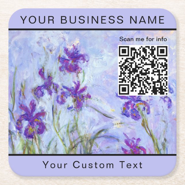 Monet - Lilac Irises / Iris Mauves - QR Code Square Paper Coaster (Front)