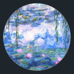 Monet Pink Water Lilies Classic Round Sticker<br><div class="desc">A Monet pink water lilies round sticker featuring beautiful pink water lilies floating in a calm blue pond with lily pads. A great Monet gift for fans of impressionism and French art. Serene nature impressionism with lovely flowers and scenic pond landscape.</div>