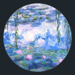 Monet Pink Water Lilies Classic Round Sticker<br><div class="desc">A Monet pink water lilies round sticker featuring beautiful pink water lilies floating in a calm blue pond with lily pads. A great Monet gift for fans of impressionism and French art. Serene nature impressionism with lovely flowers and scenic pond landscape.</div>