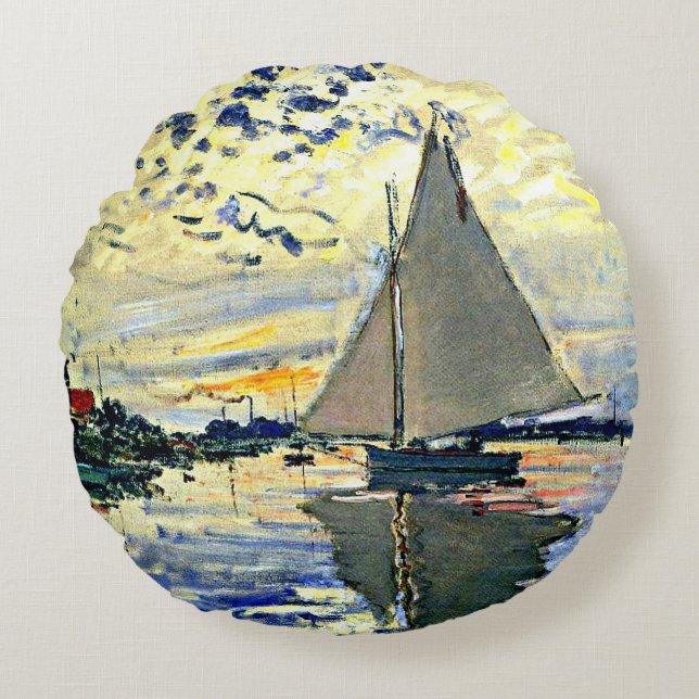 Monet - Sailboat at le Petit GENNEVILLIERS Round Pillow (Front)