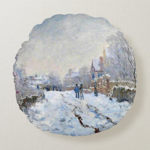 Monet - Snow Scene at Argenteuil Round Pillow