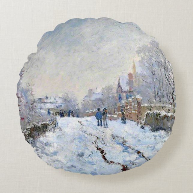 Monet - Snow Scene at Argenteuil Round Pillow (Front)