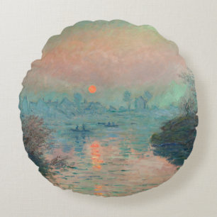 Monet Sunset Seine Fine Art Impressionism Round Pillow