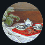 Monet: The Tea Set Classic Round Sticker<br><div class="desc">Claude Monet painting,  The Tea Set,  artwork sticker.</div>