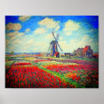 Monet Tulip Fields Windmill Poster<br><div class="desc">Poster featuring Claude Monet’s flower and windmill painting. Beautiful and colourful fields of red,  pink,  and yellow tulips next to a windmill and house in Holland. A great Monet gift for fans of impressionism and French art.</div>