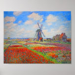 Monet Tulip Fields Windmill Poster<br><div class="desc">Poster featuring Claude Monet’s flower and windmill painting. Beautiful and colourful fields of red,  pink,  and yellow tulips next to a windmill and house in Holland. A great Monet gift for fans of impressionism and French art.</div>