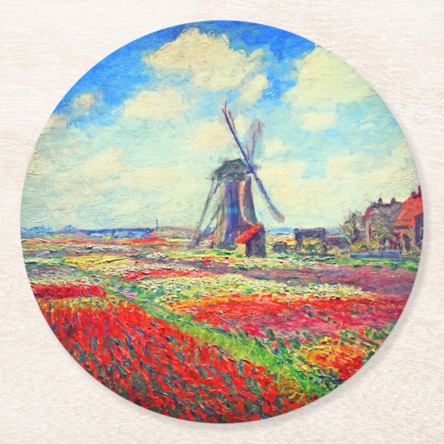 Monet Tulips Windmill Round Paper Coaster (Front)