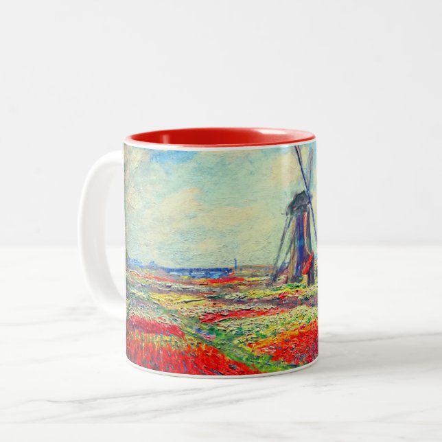 Monet Tulips Windmill Two-Tone Coffee Mug (Front Left)