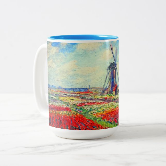 Monet Tulips Windmill Two-Tone Coffee Mug (Front Left)