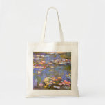 MONET Water Lilies 1916 bright hues tote bag<br><div class="desc">French Impressionist painter, Claude Monet painted this Water Lilies --- 1916 originally as an oil on canvas painting from the inspirations of his own backyard in early 20th Century France. Being 76 yrs of age when he painted this water lily pond creation, Monet's cataracts were progressing and changing his perception...</div>