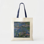 MONET Water Lilies 1916 Tote  Bag navy handles<br><div class="desc">French Impressionist painter, Claude Monet painted this Water Lilies --- 1916, originally as an oil on canvas painting from the inspirations of his own backyard in early 20th Century France. Being 76 years of age when he painted this water lily pond creation, Monet's cataracts were progressing and changing his perception...</div>