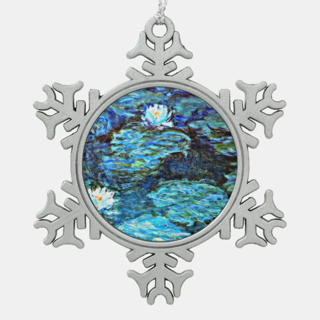 Monet - Water Lilies (Blue) Snowflake Pewter Christmas Ornament (Front)