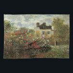 Monet's Garden at Argenteuil by Claude Monet Kitchen Towel<br><div class="desc">The Artist's Garden in Argenteuil (A Corner of the Garden with Dahlias) (1873) by Claude Monet is a vintage impressionism fine art floral nature painting. A country farm house is in the background. A couple in love is walking past a romantic spring season garden with blooming roses and other flowers....</div>