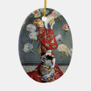 Monet's Iconic La Japonaise Woman in Striking Red Ceramic Ornament