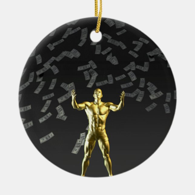 Money Falling From the Sky with Man Below Ceramic Ornament (Front)