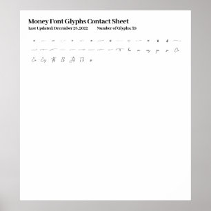 Money Font Glyphs Contact Sheet Poster
