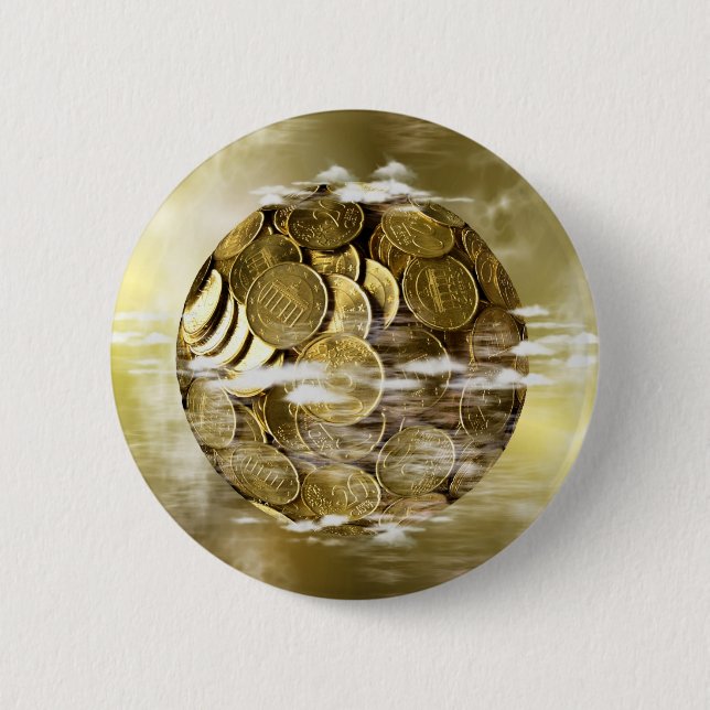 Money makes the world go around, money globe gold 2 inch round button (Front)