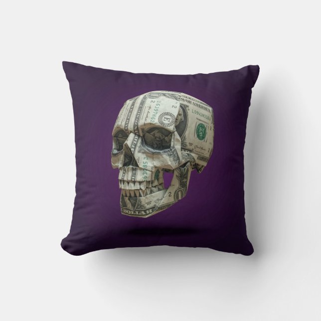 Money Origami Human Skull Throw Pillow (Front)
