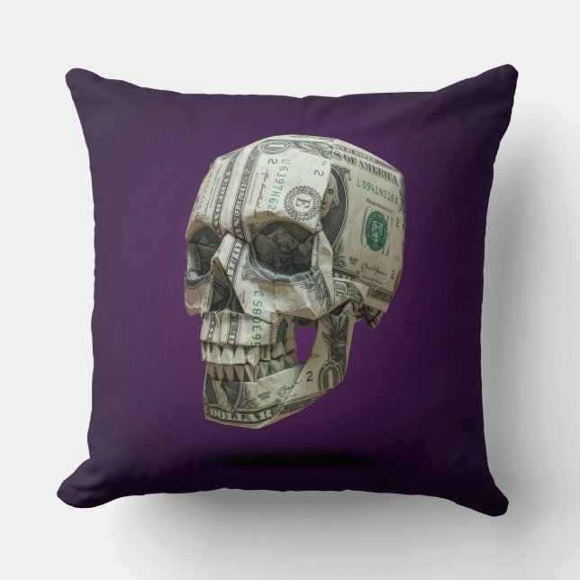 Money Origami Human Skull Throw Pillow (Front)